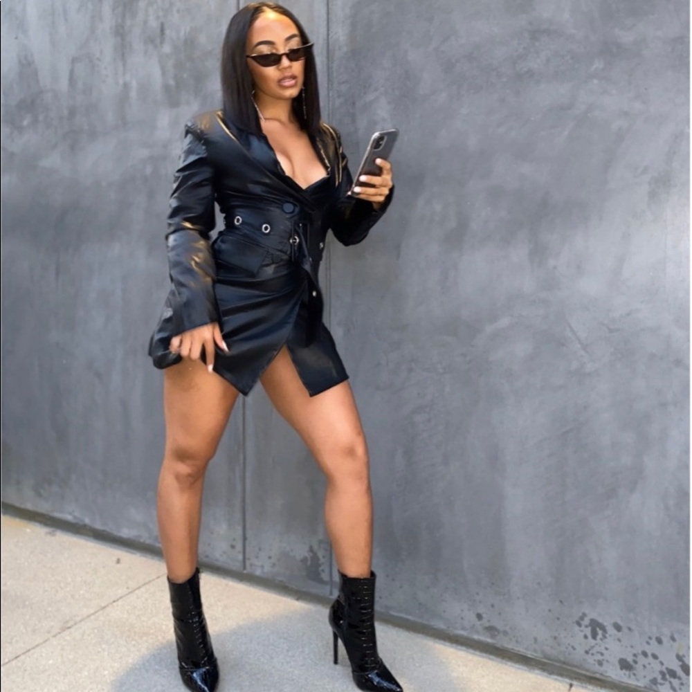 Black leather button up mini dress